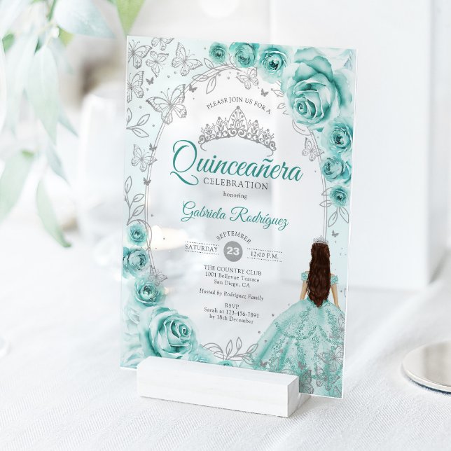 Invitaciones Acrílicas Quinceanera Turquoise Silver Floral (Subido por el creador)