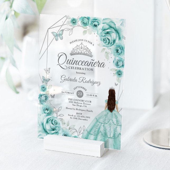 Invitaciones Acrílicas Quinceanera Turquoise Silver Floral Dress (Subido por el creador)