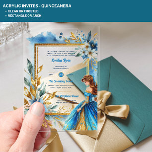Invitaciones Acrílicas Quinceanera Verde azulada de color dorado acrílico