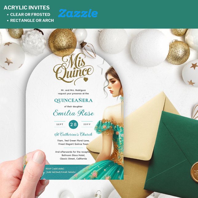 Invitaciones Acrílicas Quinceañera Verde azulado Green Gold Mis Quince Dr (Subido por el creador)