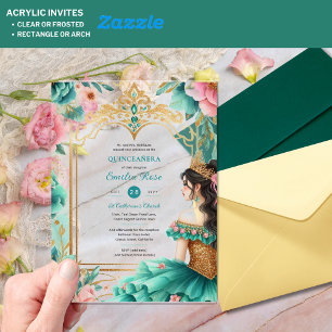 Invitaciones Acrílicas Quinceañera Verde azulado Oro Verde Mis Flores Qui