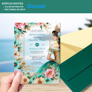 Invitaciones Acrílicas Quinceañera Verde azulado Oro Verde Mis Flores Qui