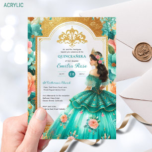 Invitaciones Acrílicas Quinceañera Verde azulado Oro Verde Mis Flores Qui