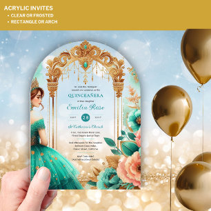 Invitaciones Acrílicas Quinceañera Verde azulado Oro Verde Mis Flores Qui