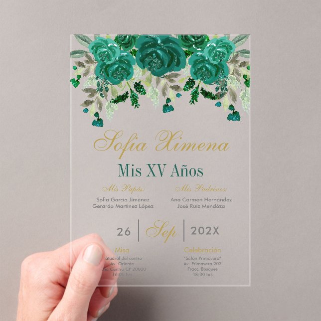 Invitaciones Acrílicas Quinceanera verde esmeralda (Insitu (portátil))