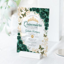 Quinceañera Verde Esmeralda Dorado Floral