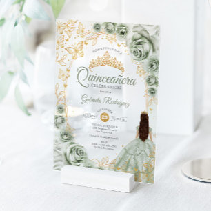 Invitaciones Acrílicas Quinceañera Verde Menta Dorado Floral