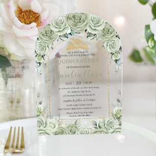 Invitaciones Acrílicas Quinceañera Verde Menta Floral Moderno Arco Dorado
