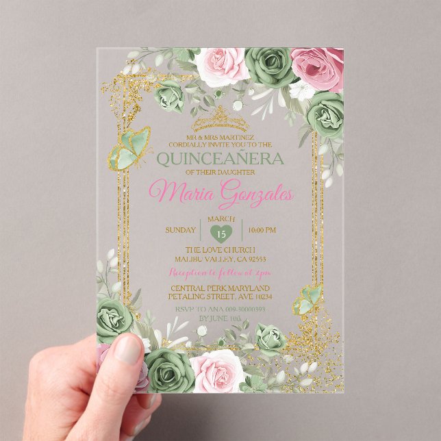 Invitaciones Acrílicas Quinceañera verde sabio Mariposa de la Corona de O (Insitu (portátil))