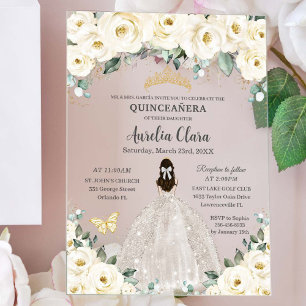 Invitaciones Acrílicas Quinceañera Vestido marrón blanco floral de oro ti