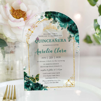 Invitaciones Acrílicas Quinceañera XV Arco floral verde esmeralda 16