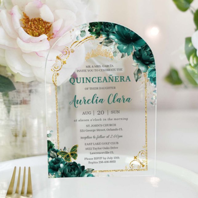 Invitaciones Acrílicas Quinceañera XV Arco floral verde esmeralda 16 (Subido por el creador)