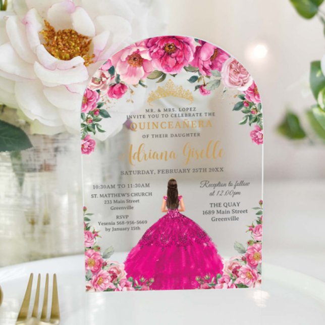 Invitaciones Acrílicas Quinceanera XV de oro floral rosa de fucsia dulce  (Subido por el creador)