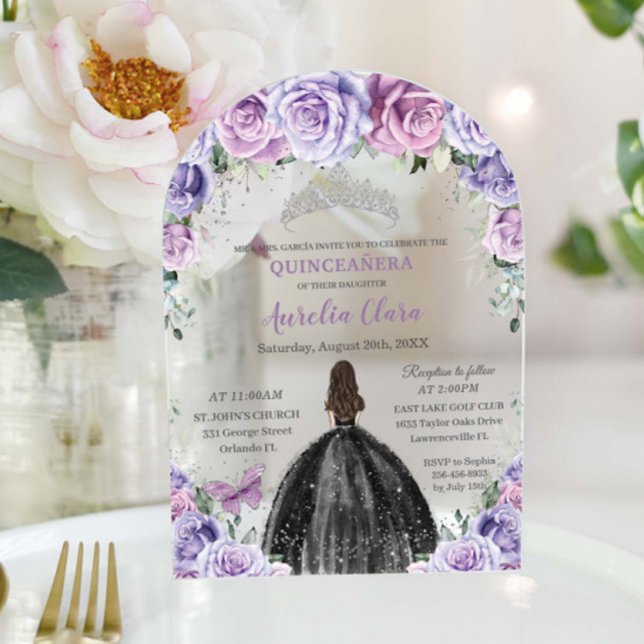 Invitaciones Acrílicas Quinceañera XV dulce 16 morado Lilac Floral negro (Subido por el creador)