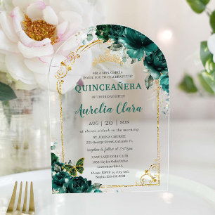 Invitaciones Acrílicas Quinceañera XV Dulces 16 Arco Floral Esmeralda Ver