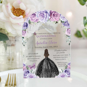 Invitaciones Acrílicas Quinceañera XV Dulces 16 Lila Púrpura Floral Negro