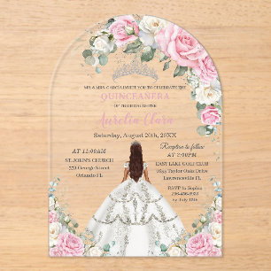 Invitaciones Acrílicas Quinceañera XV Plata Princesa Floral Blanca Rosa