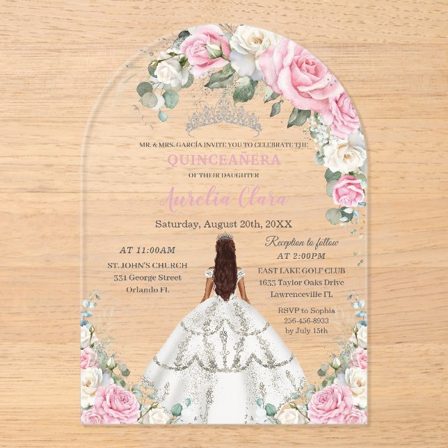 Invitaciones Acrílicas Quinceañera XV Plata Princesa Floral Blanca Rosa (Anverso)