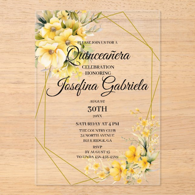Invitaciones Acrílicas Quinceanera Yellow Gold (Anverso)