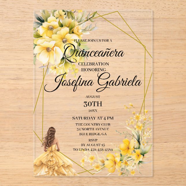 Invitaciones Acrílicas Quinceanera yellow gold (Anverso)