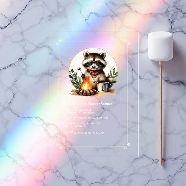 Invitaciones Acrílicas Racco rústico "Un Camper Feliz" Primer Cumpleaños (Rustic Raccoon “One Happy Camper” 1st Birthday Acrylic Invitations)