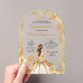 Invitaciones Acrílicas Radiant Bloom Floral Princess Gold Quinceanera 