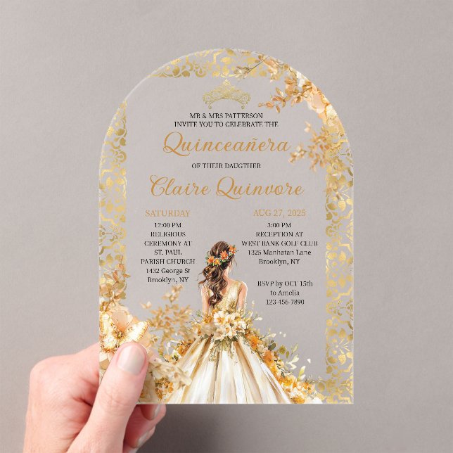 Invitaciones Acrílicas Radiant Bloom Floral Princess Gold Quinceanera  (Insitu (portátil))