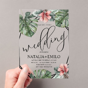 Invitaciones Acrílicas Rama de Monstera en Acuarela para Boda Verdes