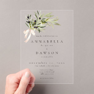 Invitaciones Acrílicas Rama de Olivo Acuarela Boda Elegante Minimalista