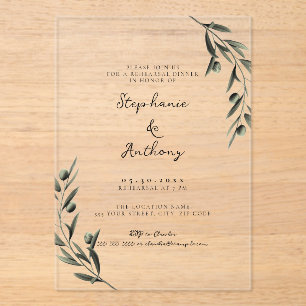 Invitaciones Acrílicas Rama de Olivo Botánica Cena de Ensayo Italiana