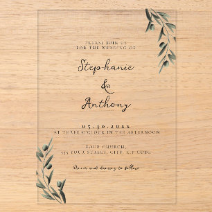 Invitaciones Acrílicas Rama de olivo botánico hojas boda italiana