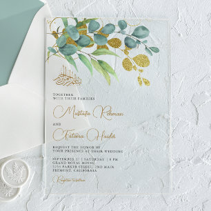 Invitaciones Acrílicas Rama de oro de eucalipto rústico Boda islámica