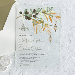 Invitaciones Acrílicas Rama de oro de olivo Linterna árabe islámica Boda