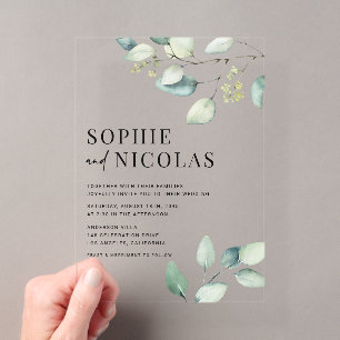 Invitaciones Acrílicas Ramas de eucalipto verde salvia acuarela Boda