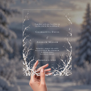 Invitaciones Acrílicas Ramas de Invierno Nieve Boda Minimalista Moderna