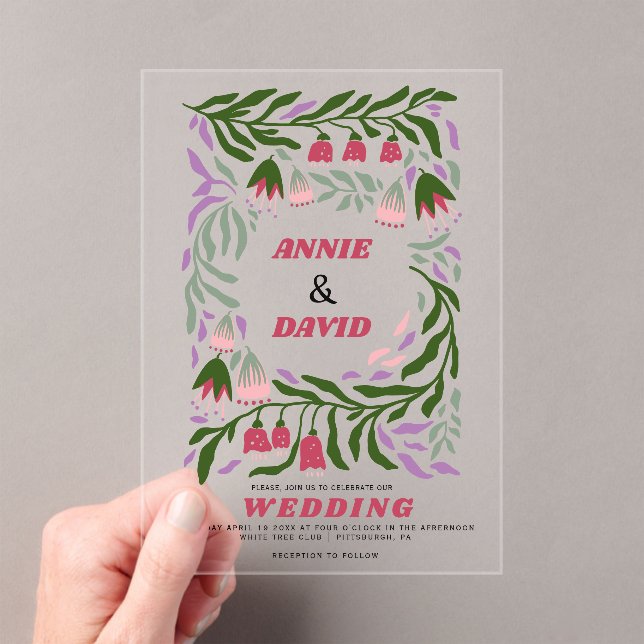 Invitaciones Acrílicas Ramas retro de Boho y boda de flores folclóricas (Insitu (portátil))