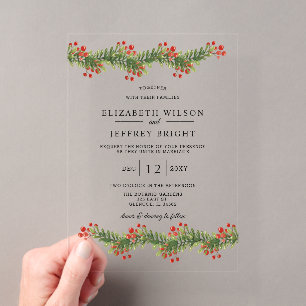 Invitaciones Acrílicas Ramas Rústicas de Acebo Invierno Navidad Boda En