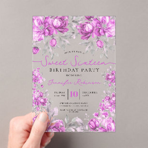 Invitaciones Acrílicas Ramillete floral femenino Cumpleaños Sweet 16 Rosa