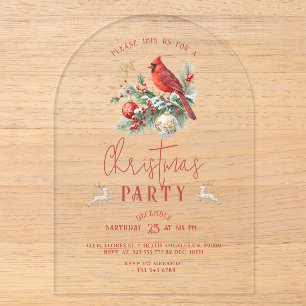 Invitaciones Acrílicas Ramo de acebo de Navidad del cardenal rojo Invitac