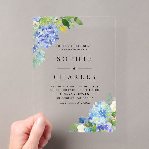 Invitaciones Acrílicas Ramo de flores de hortensias azules en acuarela Bo