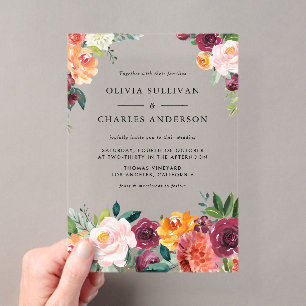 Invitaciones Acrílicas Ramo de flores de otoño en acuarela para boda