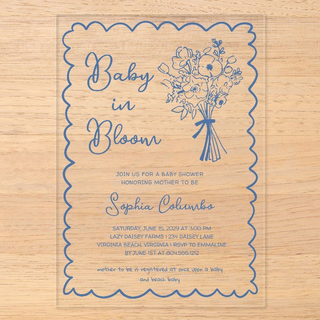 Invitaciones Acrílicas Ramo De Flores Dibujadas A Mano Caprichosas Bebé E (Anverso)