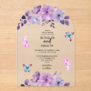 Invitaciones Acrílicas Ramo de flores púrpura acuarela