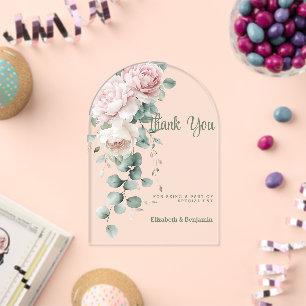 Invitaciones Acrílicas Ramo de peonías rosadas eucalipto Gracias