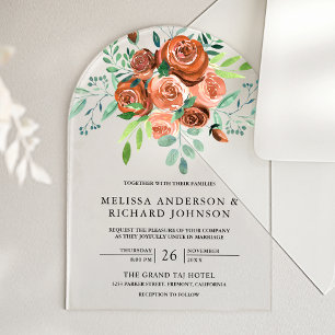 Invitaciones Acrílicas Ramo de Rosas Naranja Tostada Terroso para Boda Fl