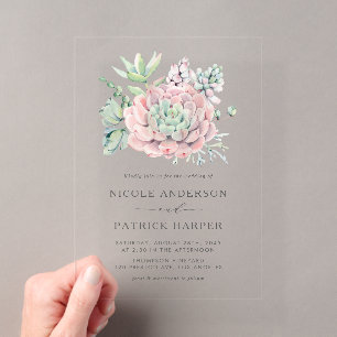 Invitaciones Acrílicas Ramo de suculentas pastel al acuarela Boda