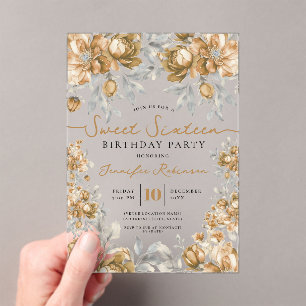 Invitaciones Acrílicas Ramo Floral Cumpleaños Sweet 16 Dorado