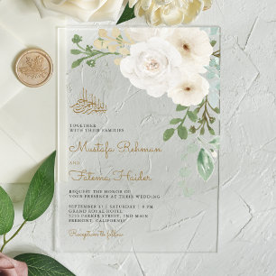 Invitaciones Acrílicas Ramo Floral de Marfil Boda Musulmana Islámica