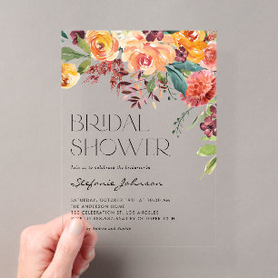 Invitaciones Acrílicas Ramo Floral de Otoño en Acuarela para Bridal Showe