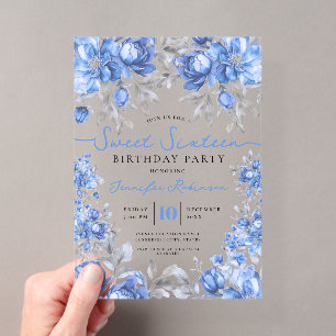 Invitaciones Acrílicas Ramo Floral Dulces 16 Cumpleaños Fiesta Azul 